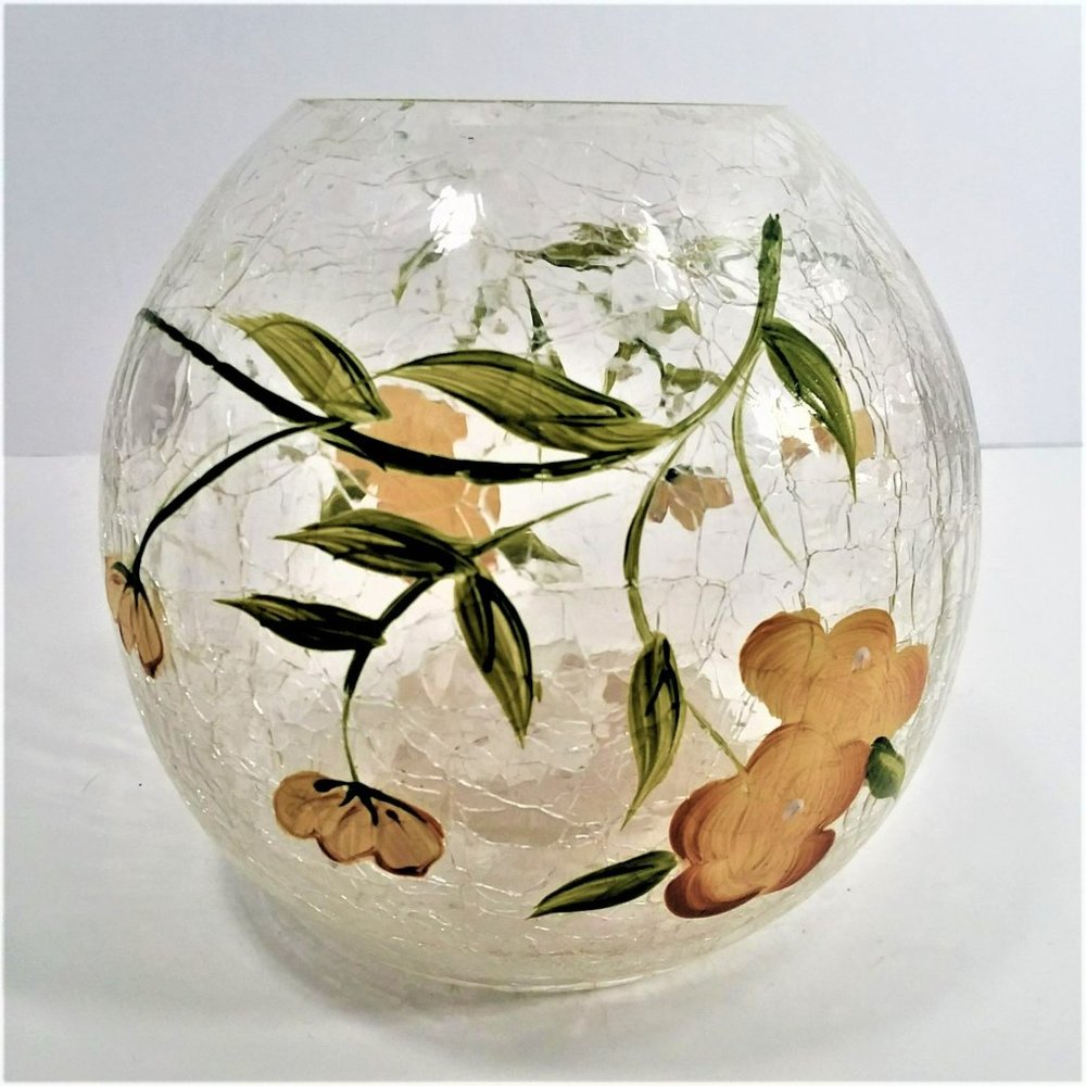 Votive Candle Holder Crackle Glass Vintage Hand Painted Flowers Vase Ball Floral